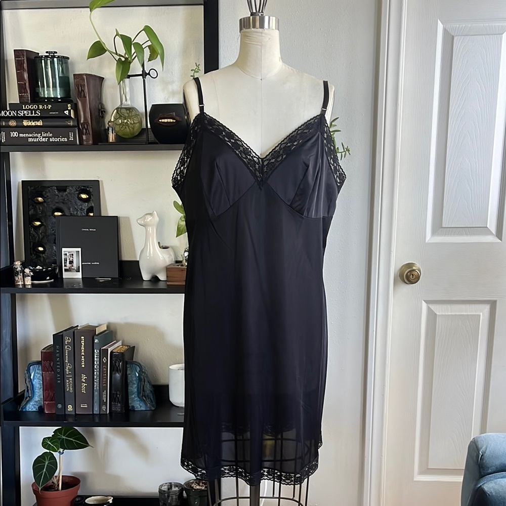 Vintage Black Satin Slip with Lace Details, no tag, women's large
